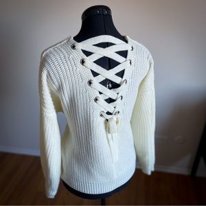 White Lace Up Back Sweater